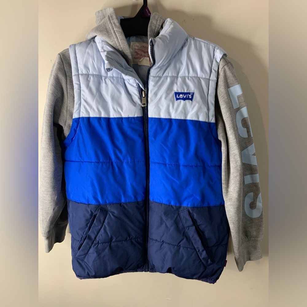 Boys LEVI’S blue colorblock hooded puffer jacket size 10/12